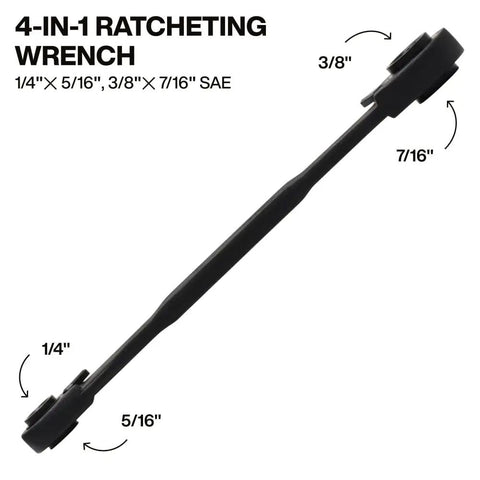 Image of a 4 In 1 Reversible Ratchet Wrench with Box Wrench, SAE Sizes 1/4, 5/16, 3/8, 7/16 Inch.