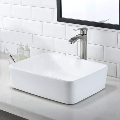 White Vessel Sink With Faucet And Drain Combo For A Dope Modern Bath 19x15 Rectangle Vessel Sink Above Counter Top Mount Porcelain Ceramic Basin
