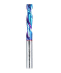 Up Down Cut Spiral Compression Router Bit With One Quarter Inch Shank And One Quarter Inch Cutting Diameter, One Inch Cutting Length, Two And A Half Inch Total Length, Solid Carbide Dope Nano Blue Coated For CNC Routers