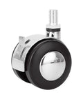 Rock Solid Four Pack Office Chair Casters Featuring Silent Rubber Wheels And Bulletproof Zinc Alloy Bases For Butter Smooth Rolling On Hardwood And Carpet Floors Guaranteed M8 Stem Thread close-up view of caster with rubber wheel and zinc alloy housing.