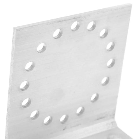 Close-up of Heavy Duty Aluminum Alloy Angle Bracket Set For Fence And Construction Ten Pieces 3.2 By 1.2 By 3.5 Inch Corner Braces