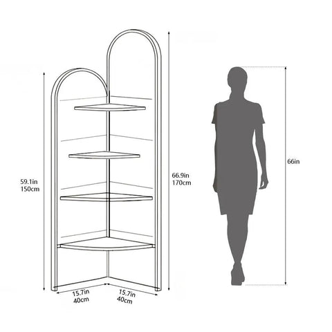 Diagram of Dope Industrial Boho 4 Tier Corner Bookshelf With Metal Frame And Rattan Shelves Freestanding Display Rack dimensions