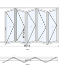 Five Panel Aluminum Folding Glass Door In White With Low E Tempered Glass And Heavy Duty Rollers delivering detailed dimensions and design views.