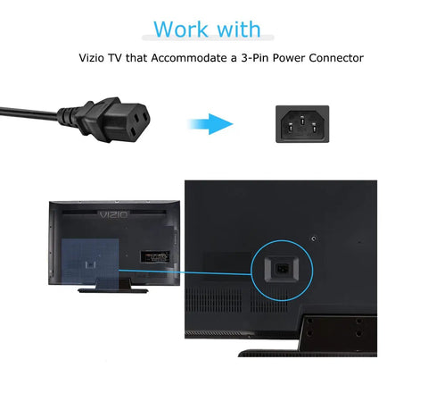 Heavy Duty 5ft AC Power Cord Cable For Keyboard And Music Gear shown connecting to back of Vizio TV with 3-pin power socket