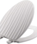 Rainfall Style Slow Close Toilet Seat With Easy Clean Hinges And Durable Wood Seat Elongated White For A Modern Bathroom Upgrade Made In USA No Tools Required For Simple Home Upgrade, showing textured lid open