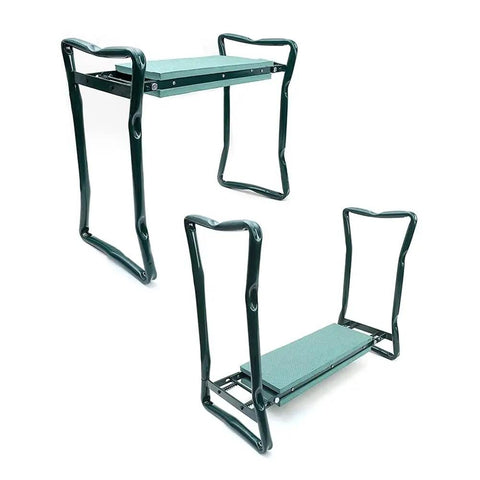 Folded and unfolded Grab And Go Foldable Garden Kneeler Seat With Two Pocket Tool Bag Pouch And EVA Foam Knee Pad, garden stool.