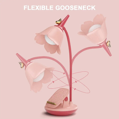 Pink Clip On Desk Lamp With Clamp, Rechargeable LED Light, Adjustable Gooseneck, Dimmable Stepless Dimmer, Cute Flower Design
