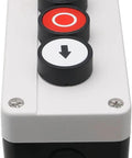3 Button Industrial Control Station With Up And Down Arrows Center Stop Button Built Tough White And Black Housing Heavy Duty Push Button Box