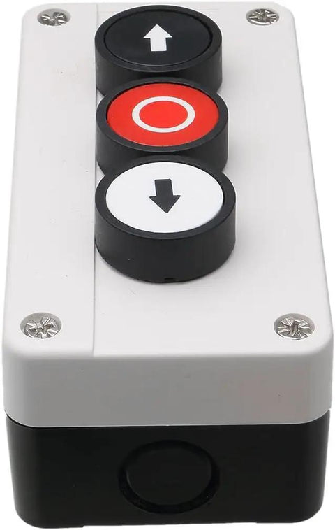 3 Button Industrial Control Station With Up And Down Arrows Center Stop Button Built Tough White And Black Housing Heavy Duty Push Button Box