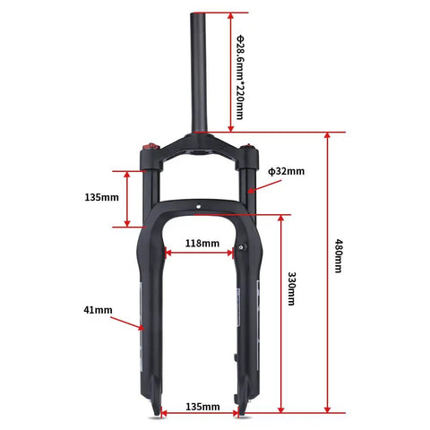 Snow Beach Fat Bike Front Suspension Fork With 120Mm Travel 135Mm Spacing 20 Inch Wheel Four Point Zero Tire Lightweight Alloy Build