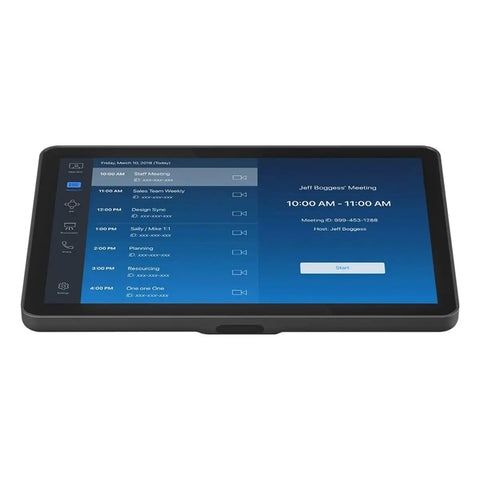 Straight Fire All In One Video Conference Bar Bundle With Tap Ip Panel And Motorized Panning Camera For Seamless Teams And Zoom Meetings Setup With Graphite Finish And 4X Digital Zoom For Optimal Small Room Viewing, touchscreen controller showing meeting schedule.