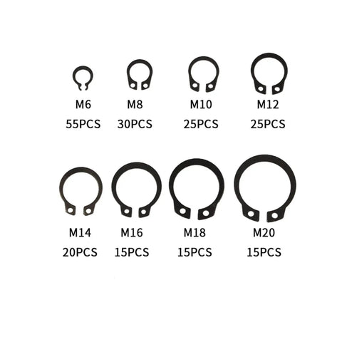 200 Piece Internal External Retaining Ring Kit With C Clips Snap Rings In Carbon Steel Sizes M6 Through M20 Dark Finish Durable Set For Automotive Machinery And Home Projects, M6-M20 sizes