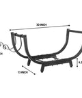 30-Inch Curved Firewood Rack, Heavy-Duty Steel Log Holder For Indoor And Outdoor Use, with dimensions and details shown