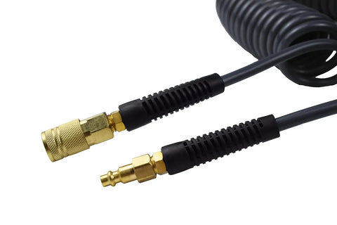 Top Shelf Polyurethane Recoil Air Hose With Automatic Snap Back Design 1/4 Inch Bore By 10 Foot Length Zero Tangle Flex Build Equipped With Quick Connect Couplers And Straight Shooter Guide Ring For Shop Work Gray, close-up of quick connect couplers.