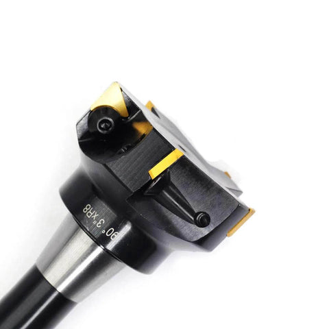 Indexable end mill with R8 shank, 3-inch cutting diameter, 6-inch overall length; close-up view of carbide inserts.