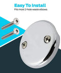 Heavy Duty Stainless Steel Tub Overflow Faceplate With Matched Screws Fitting Standard Bathroom Drains Super Easy Setup No Sweat Install Rust Resistant Smooth Finish showing a round chrome drain cover with screws.