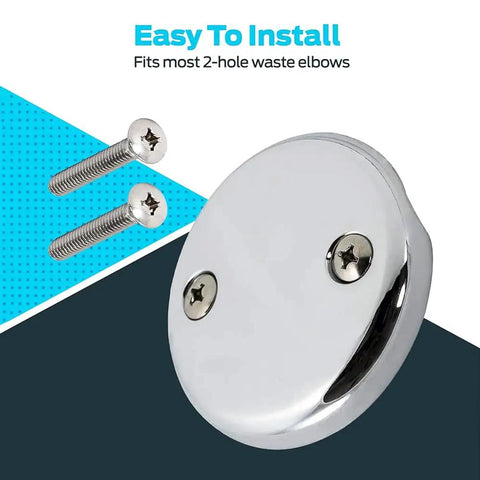 Heavy Duty Stainless Steel Tub Overflow Faceplate With Matched Screws Fitting Standard Bathroom Drains Super Easy Setup No Sweat Install Rust Resistant Smooth Finish showing a round chrome drain cover with screws.