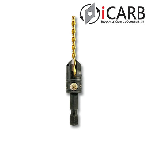 Heavy Duty 1/8 Inch Shank Indexable Carbide Countersink Featuring Double Sided Cutting Inserts For Number 10 Screws with drill bit.