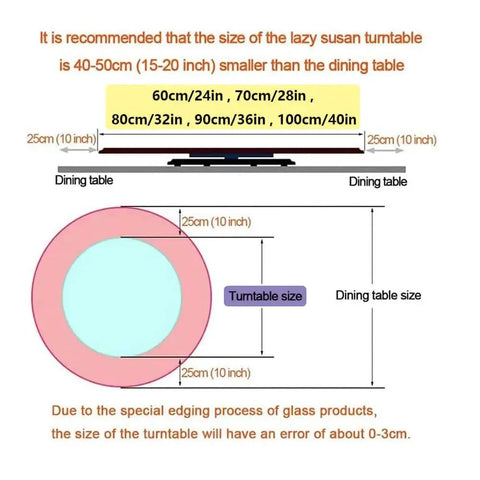 Guide for selecting Premium Solid Wood 24 Inch Round Lazy Susan Rotating Serving Tray size in relation to dining table dimensions.