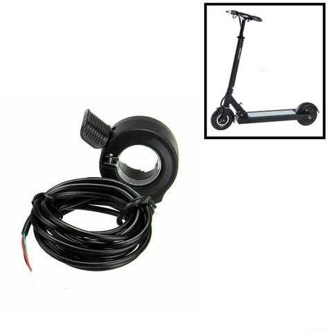 Thumb Throttle For Electric Bike And Scooter Responsive Hall Sensor 5V DC Motor Trigger Non Slip Grip Replacement Part Easy Install Black Fits Most Models next to a black electric scooter