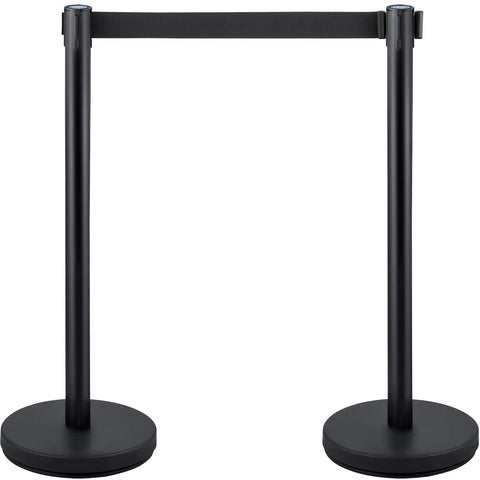 Stanchion Set With 6.6 Ft Black Retractable Belt For Crowd Control, Durable Barrier With Concrete And Metal Base, Easy Connect Assembly