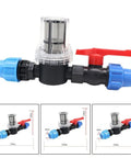 Universal Hose Connector and Drip Irrigation Adapter With 80 Mesh Water Filter For 20mm 25mm And 32mm Plastic Pipes Garden Drip Quick Connector Easy Clean Filtration For Long Lasting Performance, clear plastic and red valve