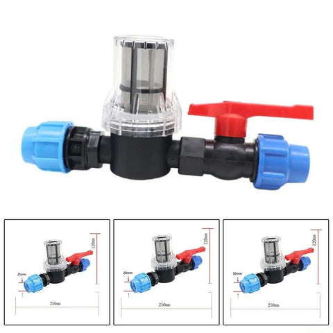Universal Hose Connector and Drip Irrigation Adapter With 80 Mesh Water Filter For 20mm 25mm And 32mm Plastic Pipes Garden Drip Quick Connector Easy Clean Filtration For Long Lasting Performance, clear plastic and red valve