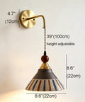 DWEIHDV Ceramic Wall Sconce Vintage Gold Wall Light Fixture showing adjustable height, 4.7" brass mount, 8.6" ceramic shade.