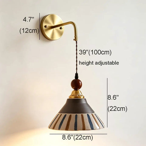 DWEIHDV Ceramic Wall Sconce Vintage Gold Wall Light Fixture showing adjustable height, 4.7" brass mount, 8.6" ceramic shade.