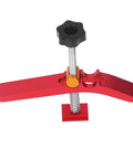 Must-Have Adjustable T-Track Hold Down Clamp For Your Workbench Shop Gear with red aluminum body and smooth sliding mechanism.