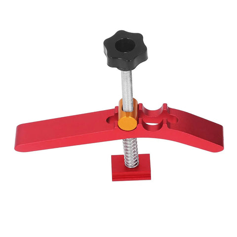 Must-Have Adjustable T-Track Hold Down Clamp For Your Workbench Shop Gear with red aluminum body and smooth sliding mechanism.