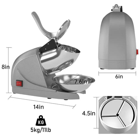 Electric Ice Shaver With Prevent Splash Design 3 Blade Snow Cone Machine 380W Shaved Ice Maker dimensions shown