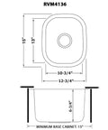 Diagram showing dimensions of 13x15 Inch Undermount Bar Sink For Small Kitchens, 16 Gauge Stainless Steel One Bowl With Brushed Finish