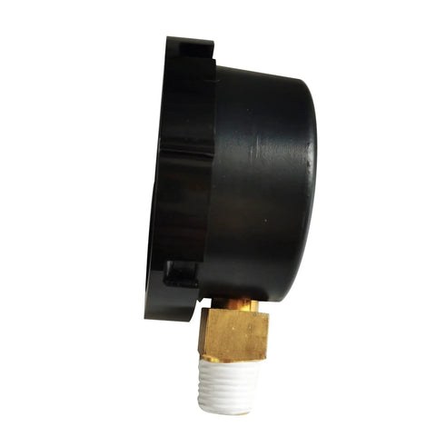0-60 PSI Pressure Gauge Replacement For Pool And Spa Valve Filters Bottom Mount Fits Clean And Clear Warrior EasyClean Triton C-3 Predator D.E. Cartridges And FNS Plus Filters For Clear Readouts And Smooth Performance. Black bottom-mount pool filter pressure gauge with brass fitting and white threaded base