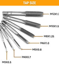 Tap sizes from M3 to M12 displayed in sequence, part of the 8-Piece Tap Set With Adjustable Tap Wrench 1/16-1/2 Inch, DIY Ready For Internal And External Threading, M3 To M12 Coarse Thread Taps, Includes M3, M4, M5, M6, M8, M10, M12, Portable Hand Tool Kit.