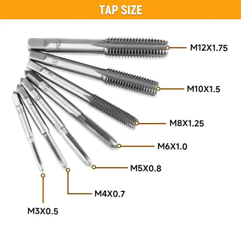 Tap sizes from M3 to M12 displayed in sequence, part of the 8-Piece Tap Set With Adjustable Tap Wrench 1/16-1/2 Inch, DIY Ready For Internal And External Threading, M3 To M12 Coarse Thread Taps, Includes M3, M4, M5, M6, M8, M10, M12, Portable Hand Tool Kit.