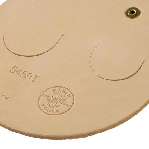 Close-up of Leather Riveted Spud Wrench Holder With Tunnel Connection showing stamped leather branding and rivet detail.
