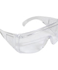 Snag These Legit Clear Lens Safety Glasses Featuring Tough Polycarbonate Optics And Smooth Screwless Hinges For Reliable Shielding On The Job Fits Over Prescription Specs Just Fine Includes Fifty Count Case, showing clear polycarbonate eyewear angled view.