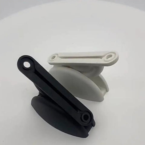 Heavy Duty Nylon Door Catch Retainer Set For RV Camper Motorhome with black and white holders displayed.