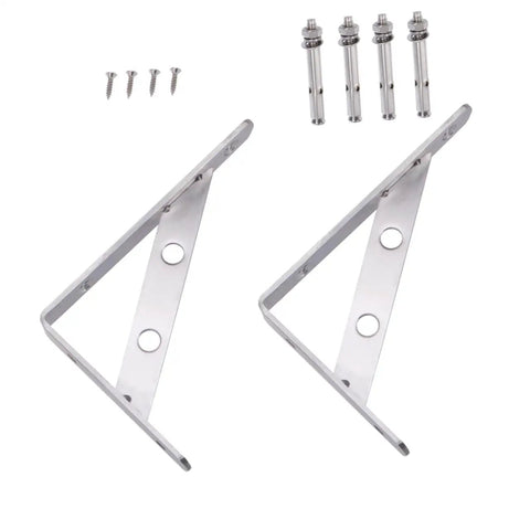 Heavy Duty L Shelf Brackets 6 Pack Stainless Steel Corner Braces with screws for wall mounting floating shelves.