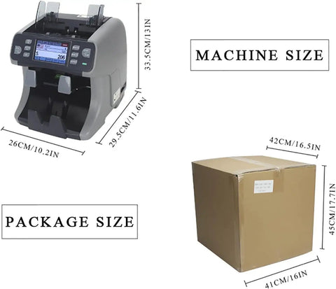 Commercial CIS Currency Counter With Touch Screen Multi Currency Detection And Serial Number Reader For Bank Use dimensions display.