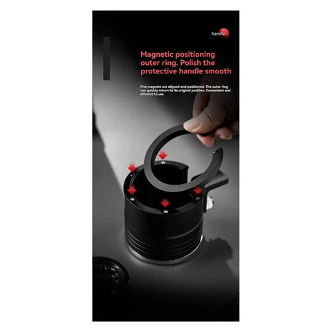 Real Deal Aluminum Espresso Tamper Station With Solid Portafilter Holder And Quick Snap Knock Block For Smooth Pulls Black, magnetic ring detail.
