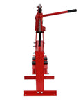 Heavy Duty Hydraulic Shop Press Pumpin 20 Ton Force With An Adjustable A Frame Rig showing side view with lever and metal plates.
