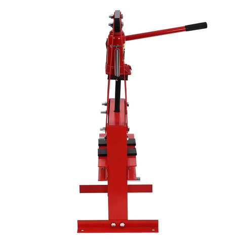 Heavy Duty Hydraulic Shop Press Pumpin 20 Ton Force With An Adjustable A Frame Rig showing side view with lever and metal plates.