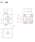 Technical drawing of set of 4 black cube corner brackets for 6mm slot aluminum extrusion 2020 series, 20x20x20mm dimensions