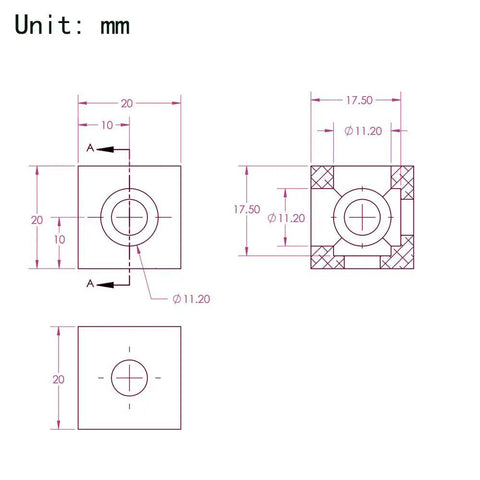 Technical drawing of set of 4 black cube corner brackets for 6mm slot aluminum extrusion 2020 series, 20x20x20mm dimensions