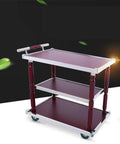 Heavy Duty Industrial Kitchen Bar Cart With Built In Wine Rack And Three Tier Storage Shelves On Smooth Rolling Casters Vintage Wood Steel Serving Trolley Game Day Ready Patio Go To in burgundy with metal frame
