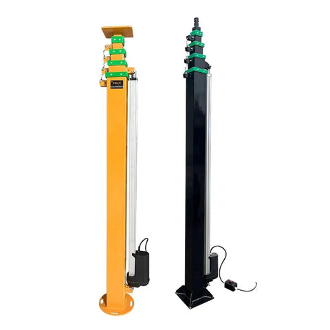 Heavy Duty Telescopic Electric Mast 12V 24V 48V Extending Four To Nine Meters, two poles, yellow and black, with stabilizing base.