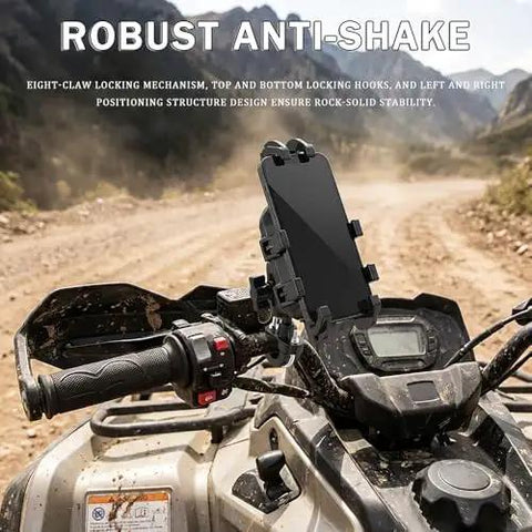 Rock Solid Motorcycle And ATV Phone Mount Featuring Heavy Duty Silicone Shock Absorption And Multi Claw Grip Design For Zero Shake Off Road Riding Adventures installed on ATV handlebar with smartphone.