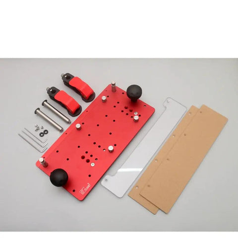 Heavy Duty Router Table Rail Coping Sled For Cabinet Doors And Drawer Fronts Precision Alignment Tool With Four Adjustable Screws Ergonomic Woodworking Jig components displayed on table.